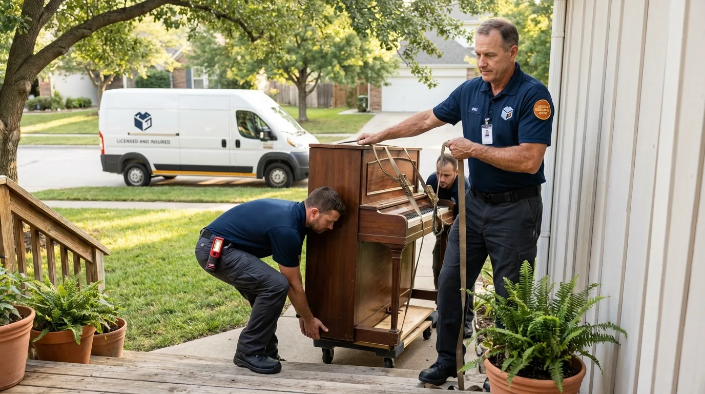 Licensed piano movers securing grand piano in Chauvin, LA