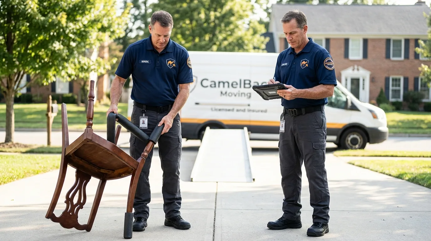 Movers inspecting furniture for damage prevention before loading in Chauvin, LA