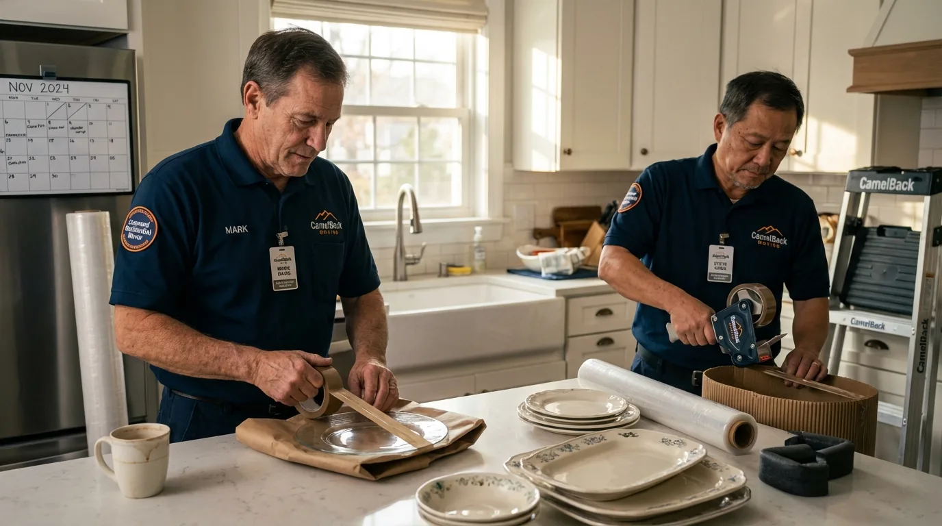 Professional crew packing kitchen dishware in Chauvin, LA